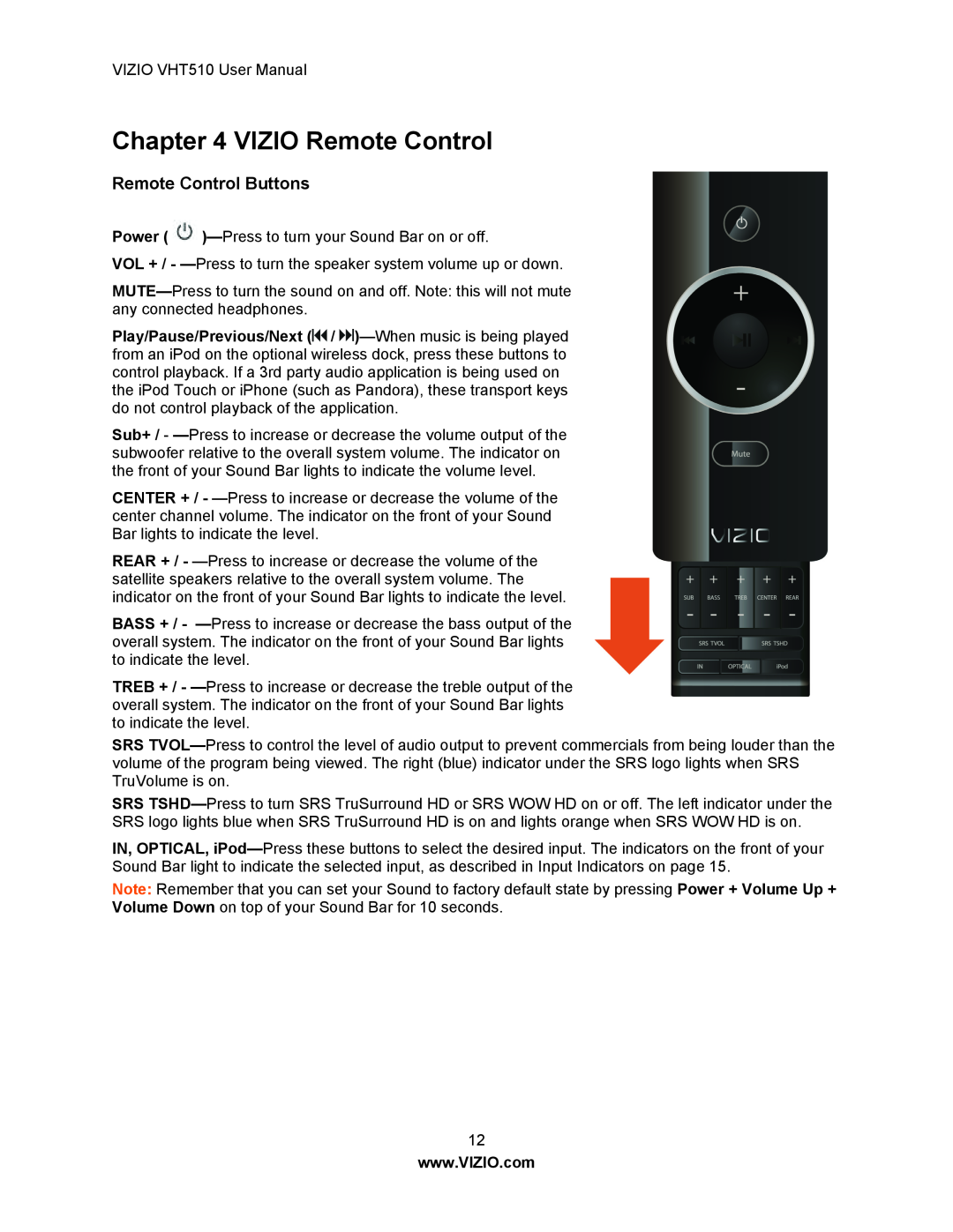 Vizio VHT510 user manual VIZIO Remote Control, Remote Control Buttons 