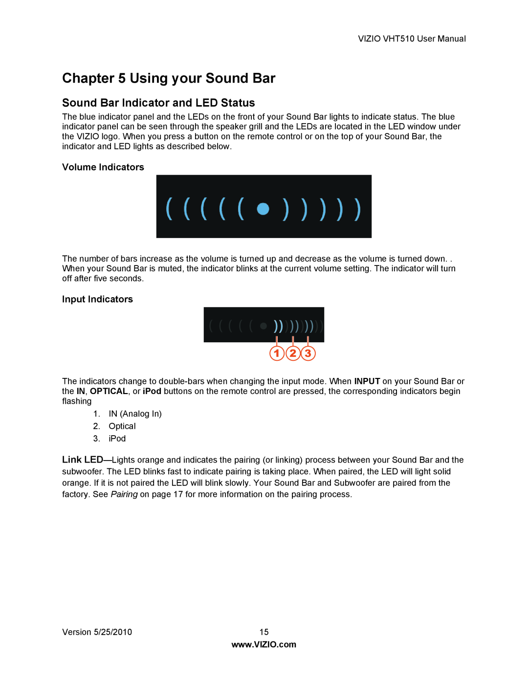 Vizio VHT510 user manual Using your Sound Bar, Sound Bar Indicator and LED Status, Volume Indicators, Input Indicators 