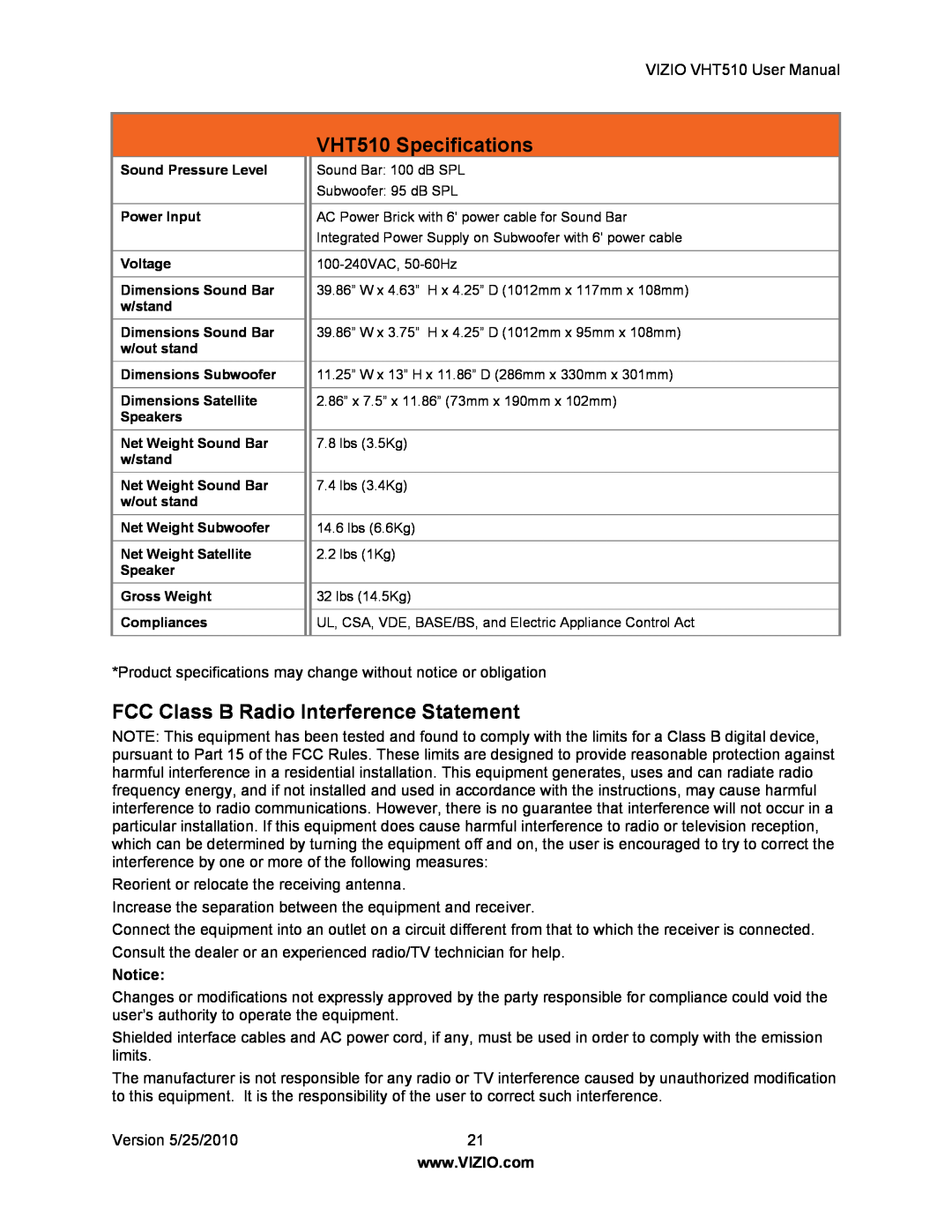 Vizio user manual FCC Class B Radio Interference Statement, VHT510 Specifications 