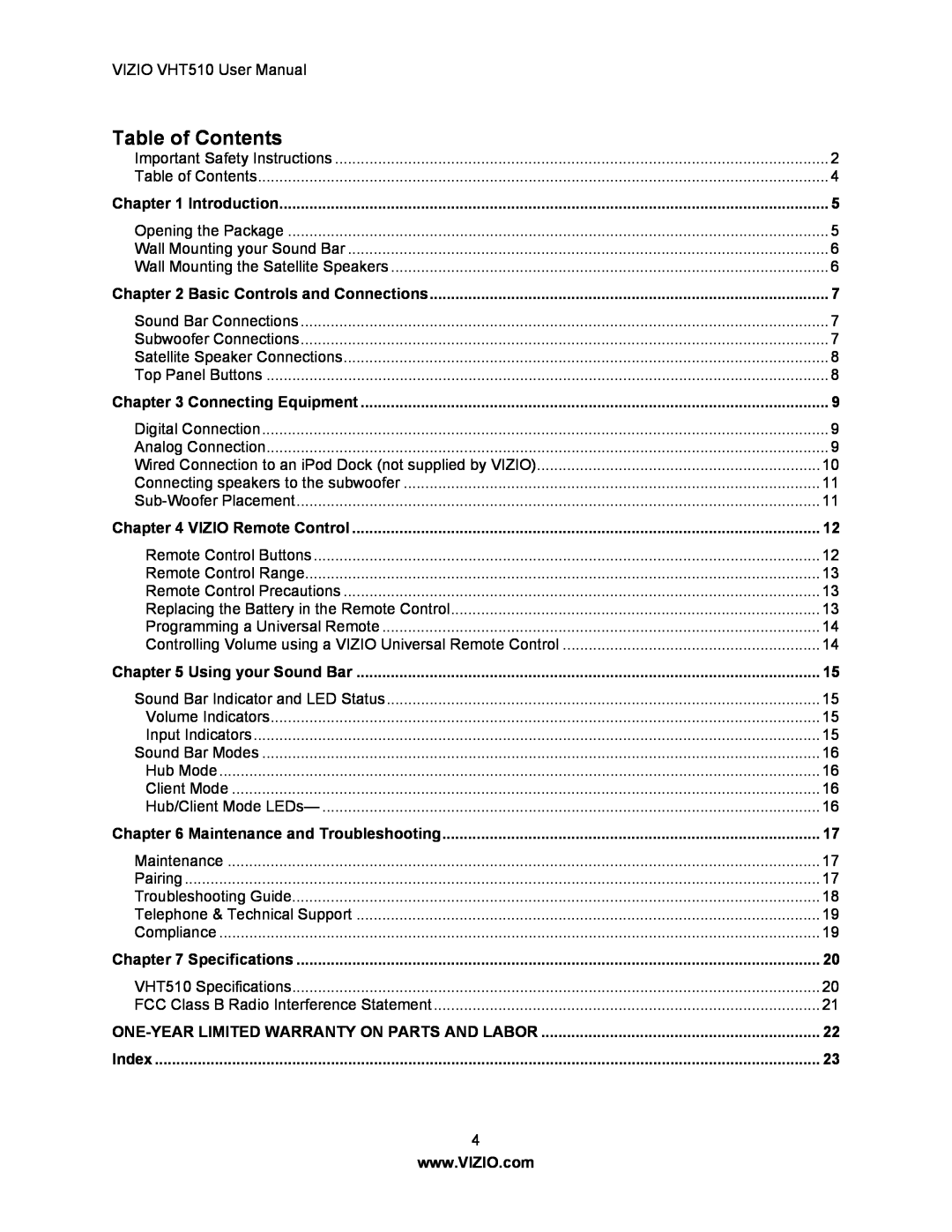 Vizio VHT510 user manual Table of Contents 