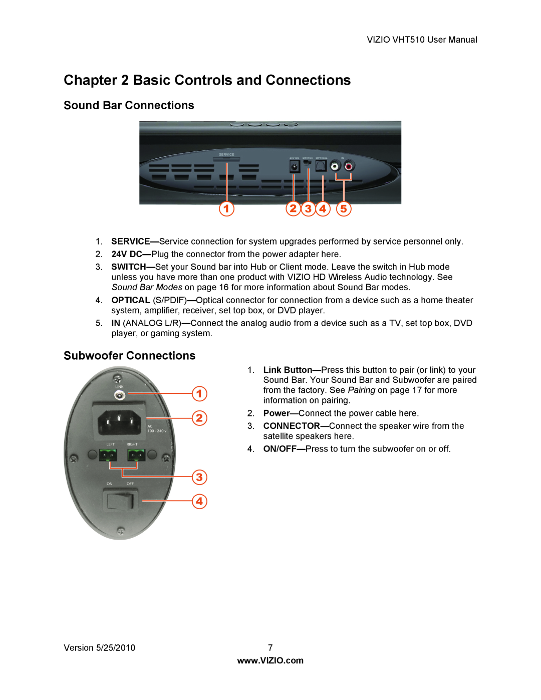 Vizio VHT510 user manual Basic Controls and Connections, Sound Bar Connections, Subwoofer Connections 