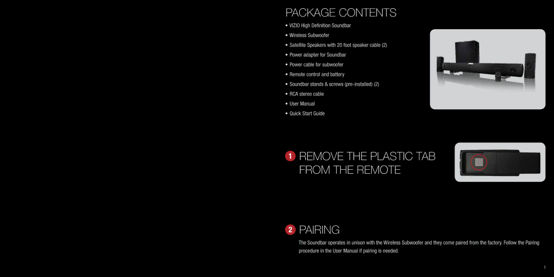 Vizio VHT510 quick start Package Contents, Remove the plastic tab from the remote Pairing 