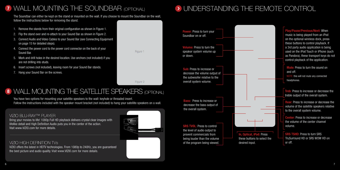 Vizio VHT510 quick start Wall Mounting the SoundBar optional, Understanding the remote control 