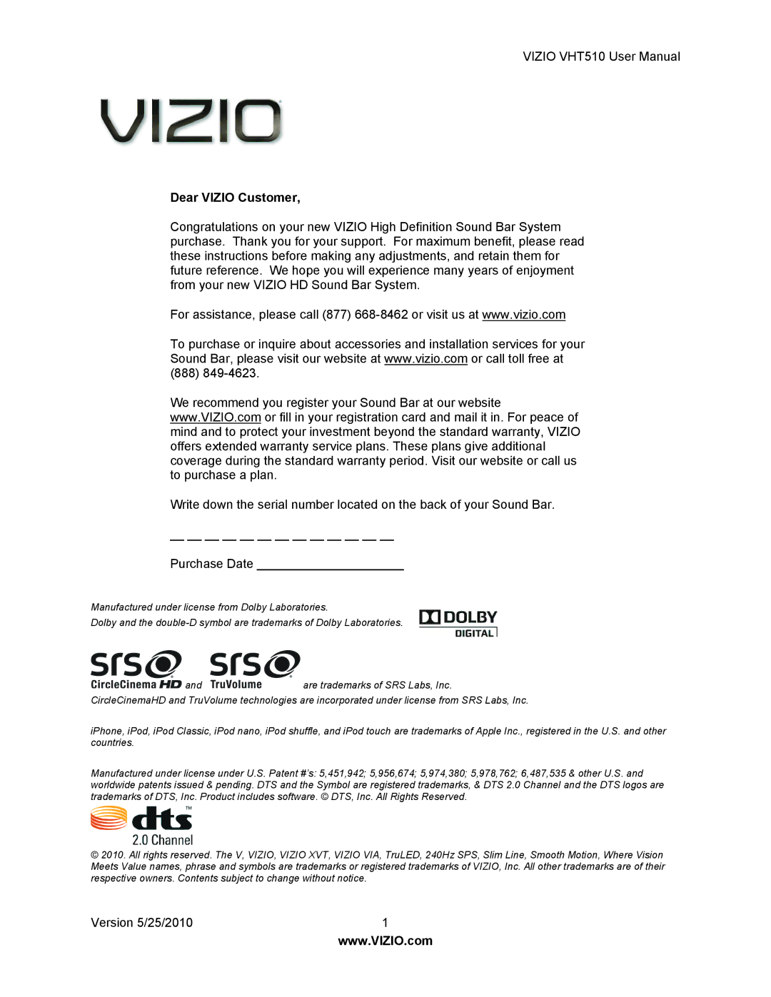 Vizio VHT510 user manual Dear Vizio Customer 