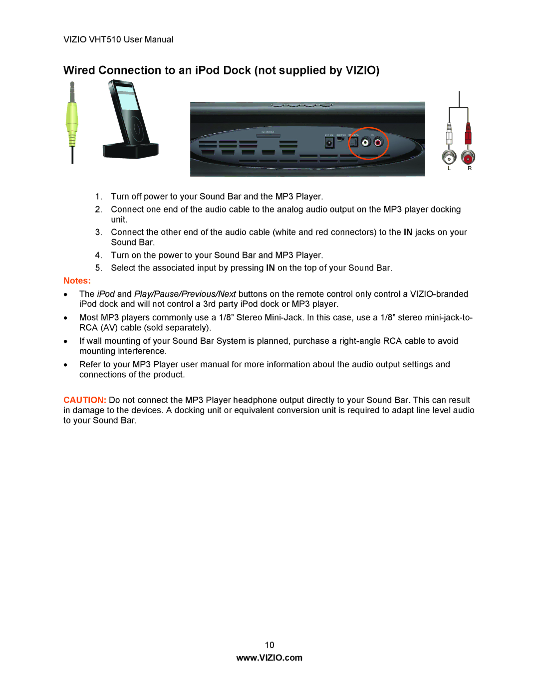 Vizio VHT510 user manual Wired Connection to an iPod Dock not supplied by Vizio 