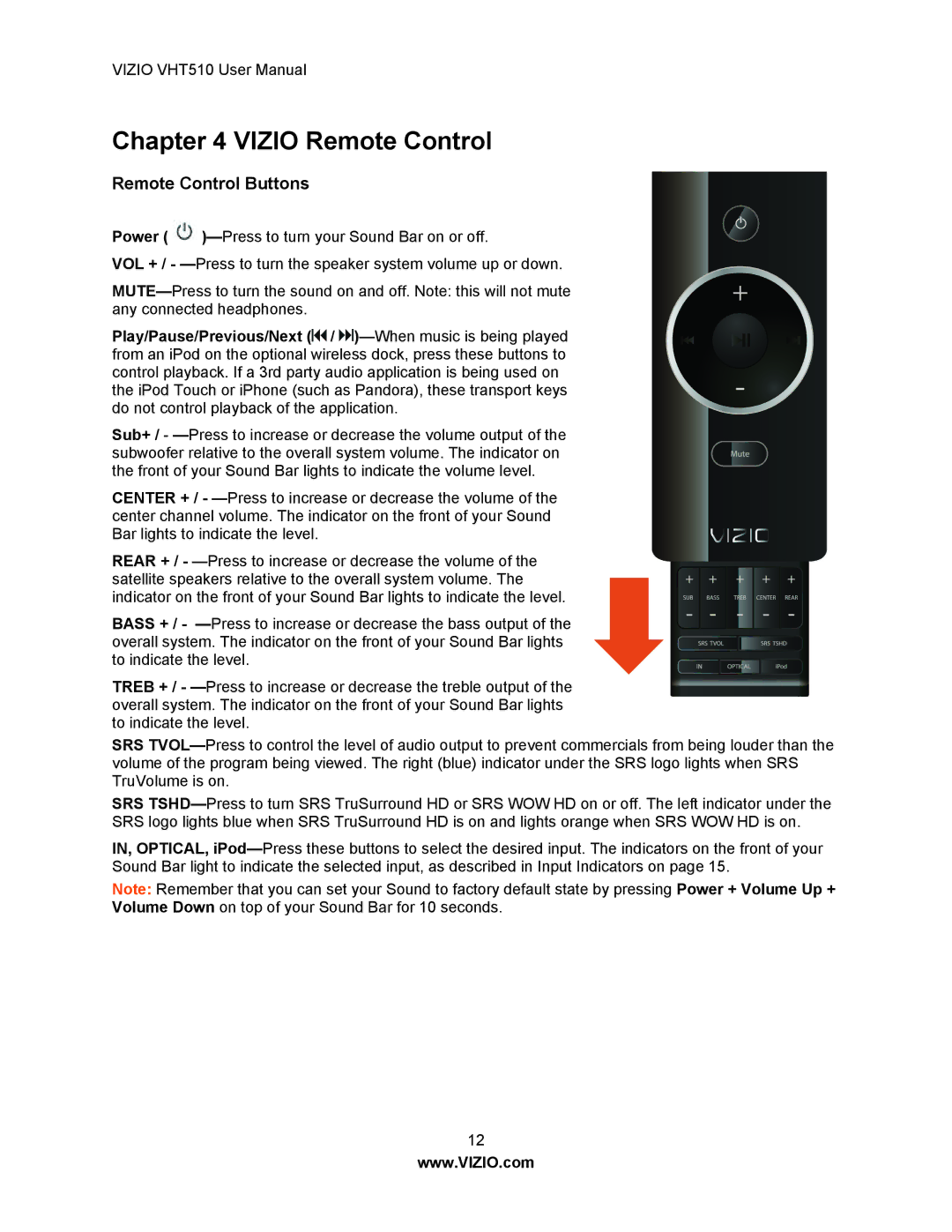 Vizio VHT510 user manual Vizio Remote Control, Remote Control Buttons 