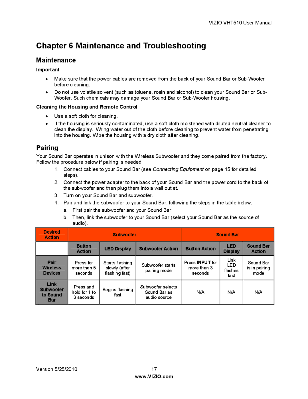 Vizio VHT510 user manual Maintenance and Troubleshooting, Pairing, Cleaning the Housing and Remote Control 