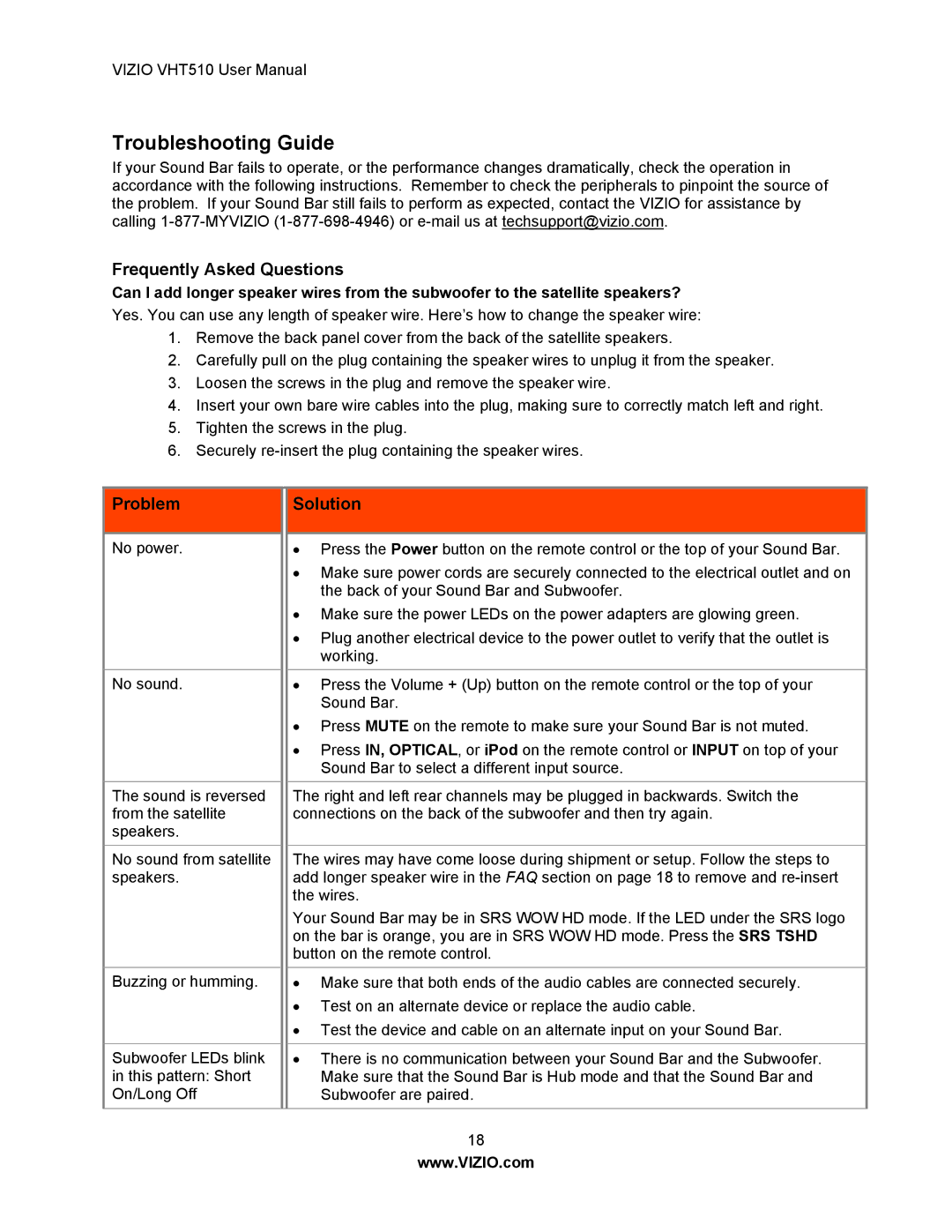 Vizio VHT510 user manual Troubleshooting Guide, Frequently Asked Questions, Problem, Solution 