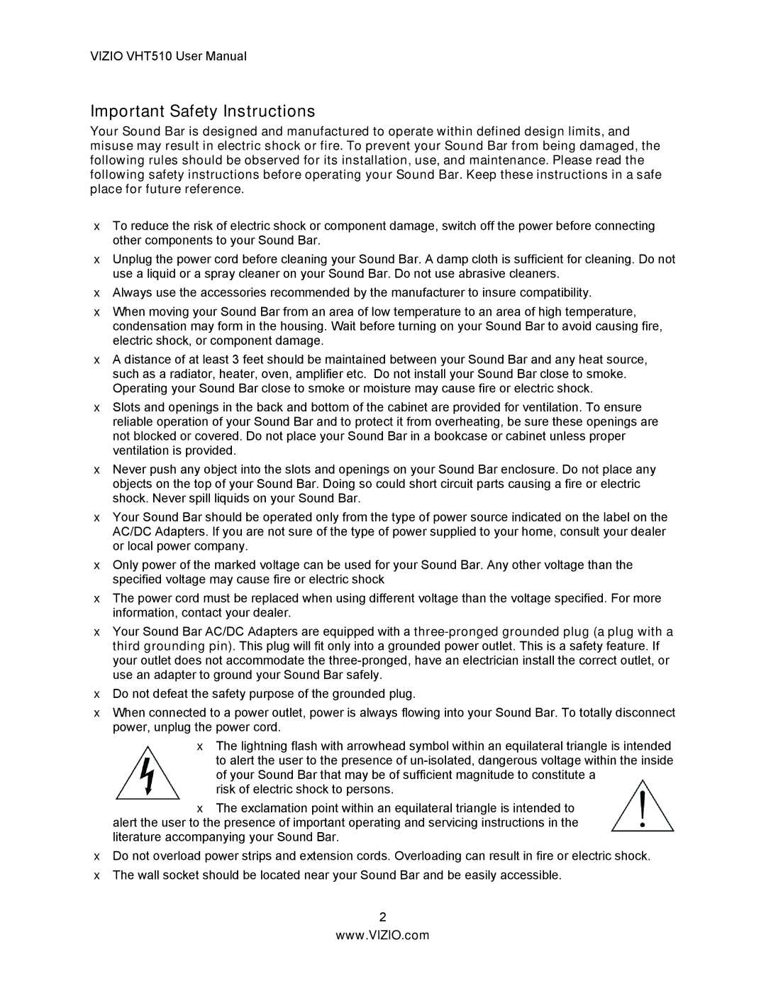 Vizio VHT510 user manual Important Safety Instructions 