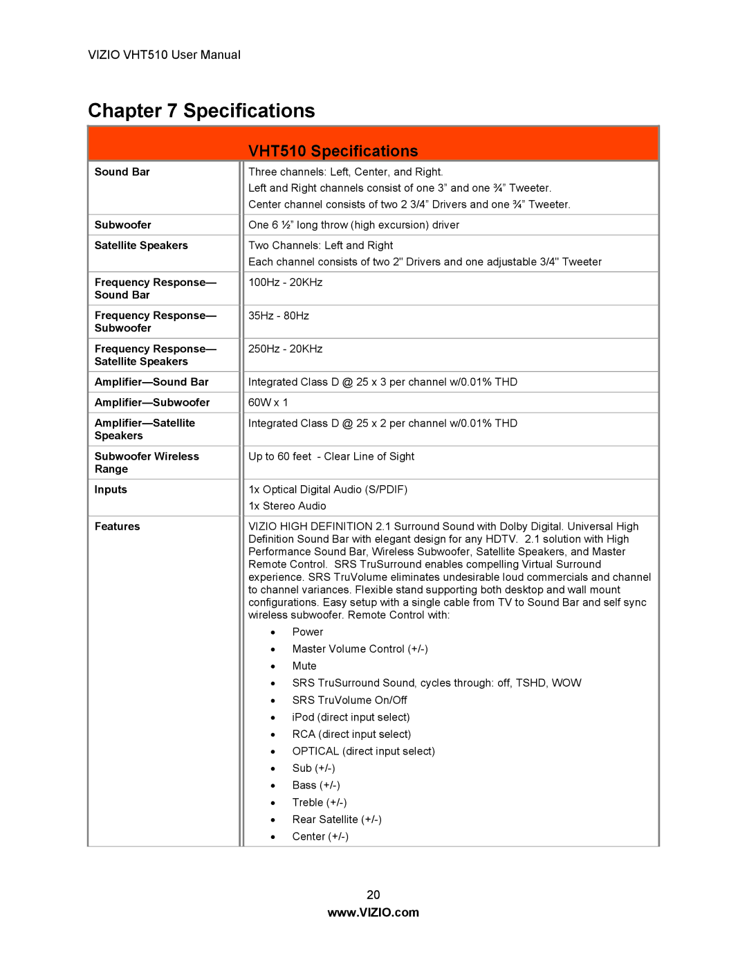 Vizio user manual VHT510 Specifications 