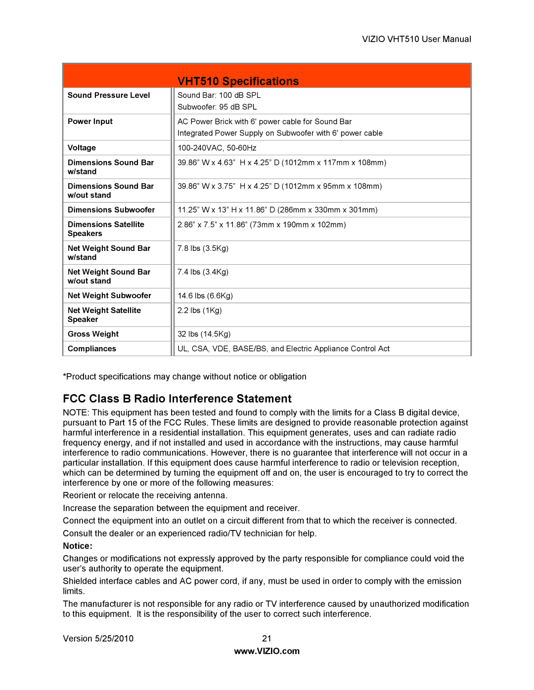 Vizio VHT510 user manual FCC Class B Radio Interference Statement 