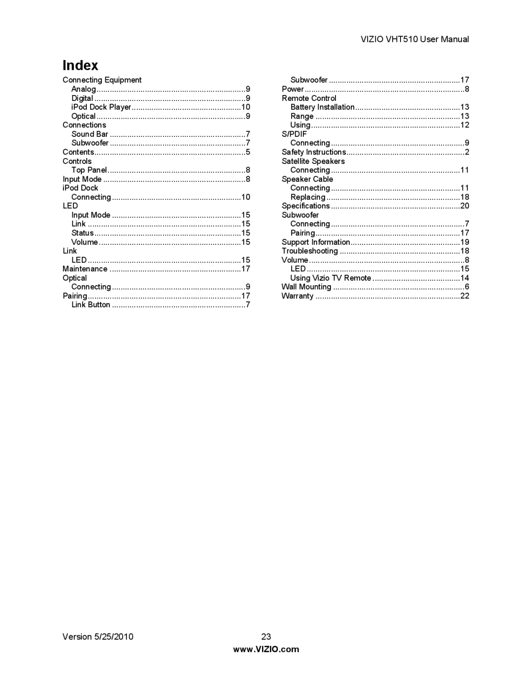 Vizio VHT510 user manual Index, Pdif 