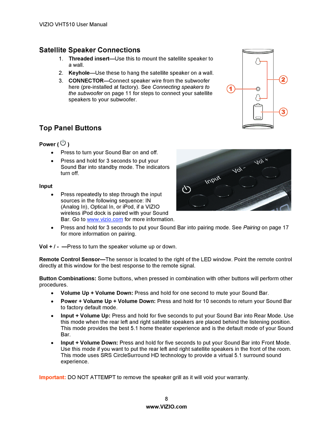 Vizio VHT510 user manual Satellite Speaker Connections, Top Panel Buttons, Power, Input 