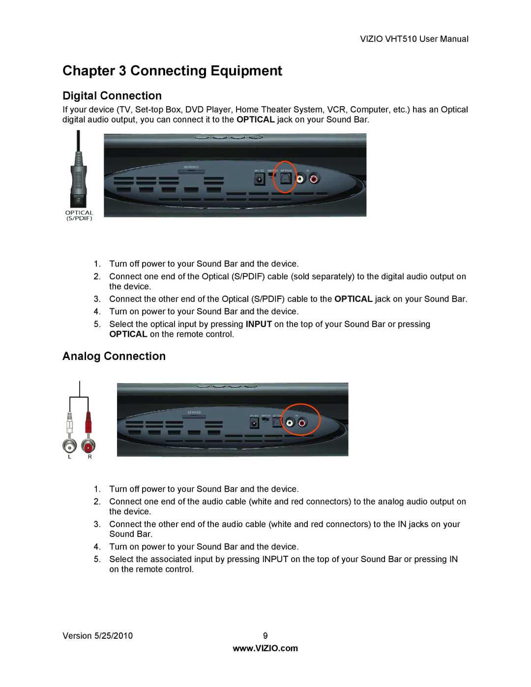 Vizio VHT510 user manual Connecting Equipment, Digital Connection, Analog Connection 