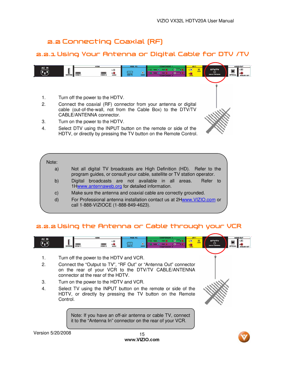 Vizio VX32L, VIZIO user manual Connecting Coaxial RF, Using Your Antenna or Digital Cable for DTV /TV 