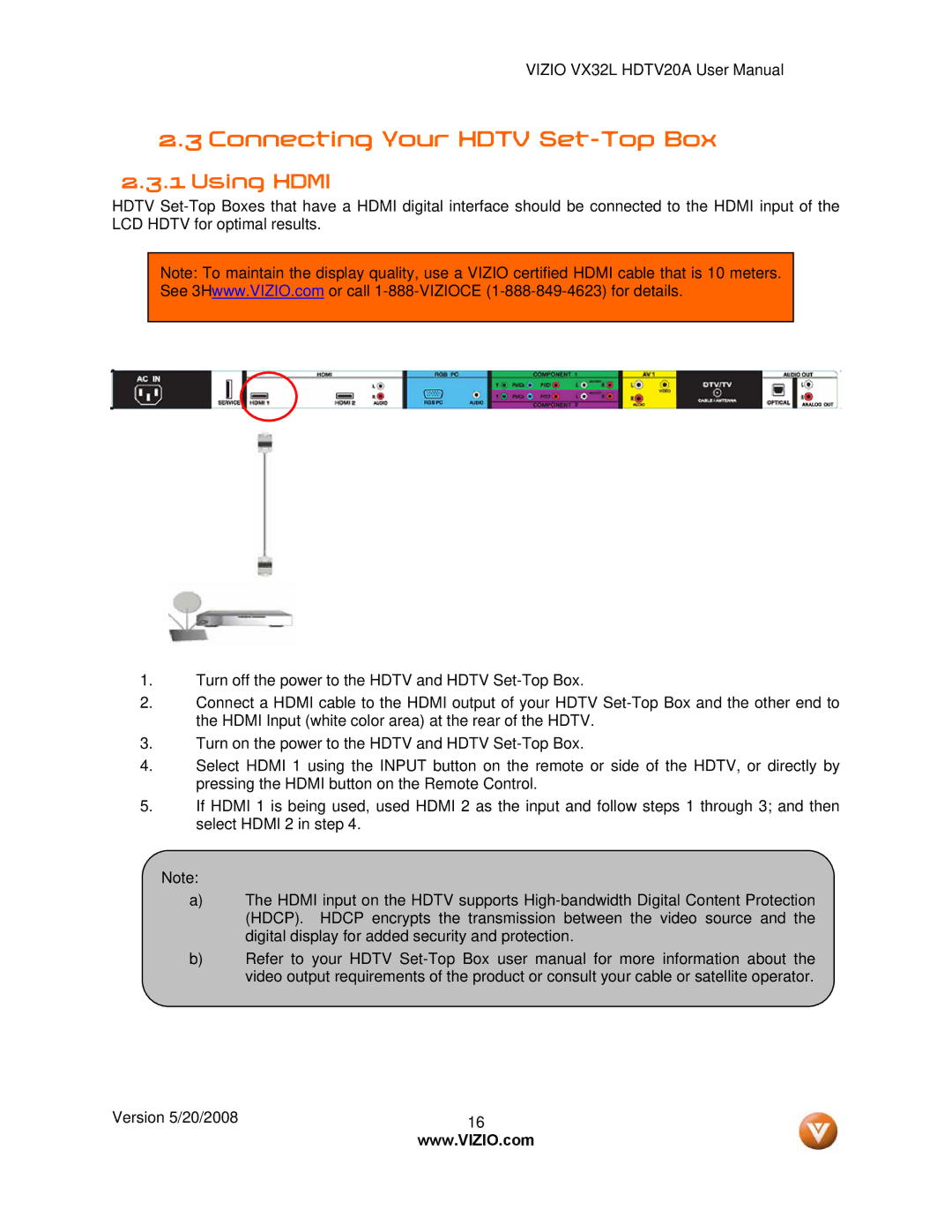 Vizio VIZIO, VX32L user manual Connecting Your Hdtv Set-Top Box, Using Hdmi 