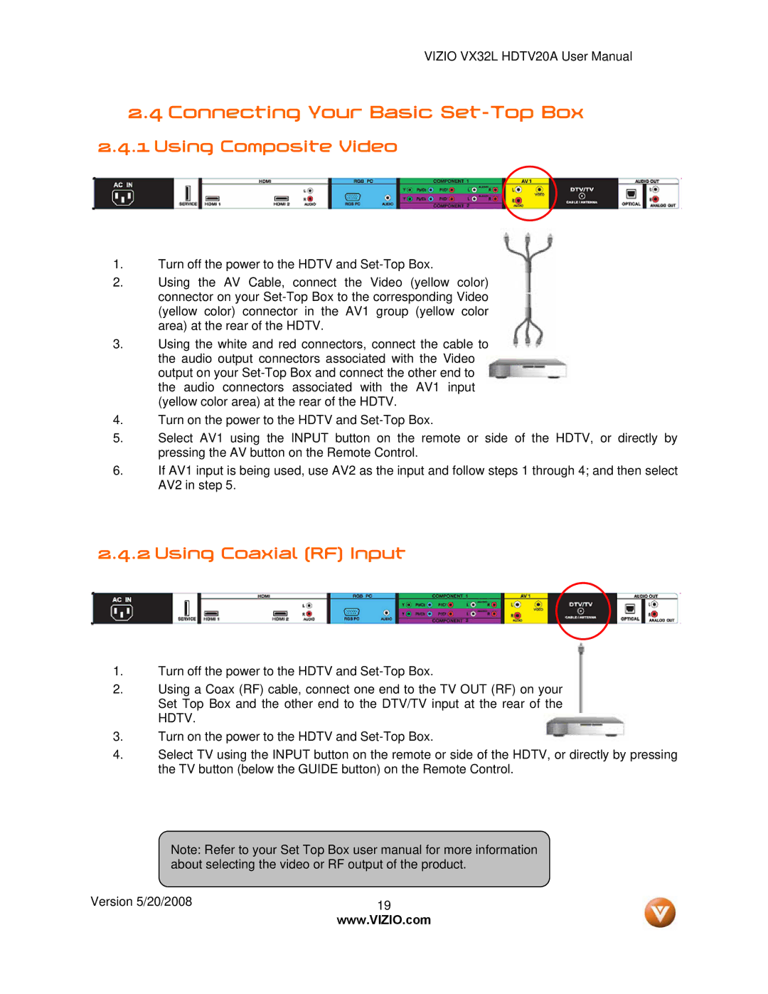 Vizio VX32L, VIZIO user manual Connecting Your Basic Set-Top Box, Using Composite Video, Using Coaxial RF Input 