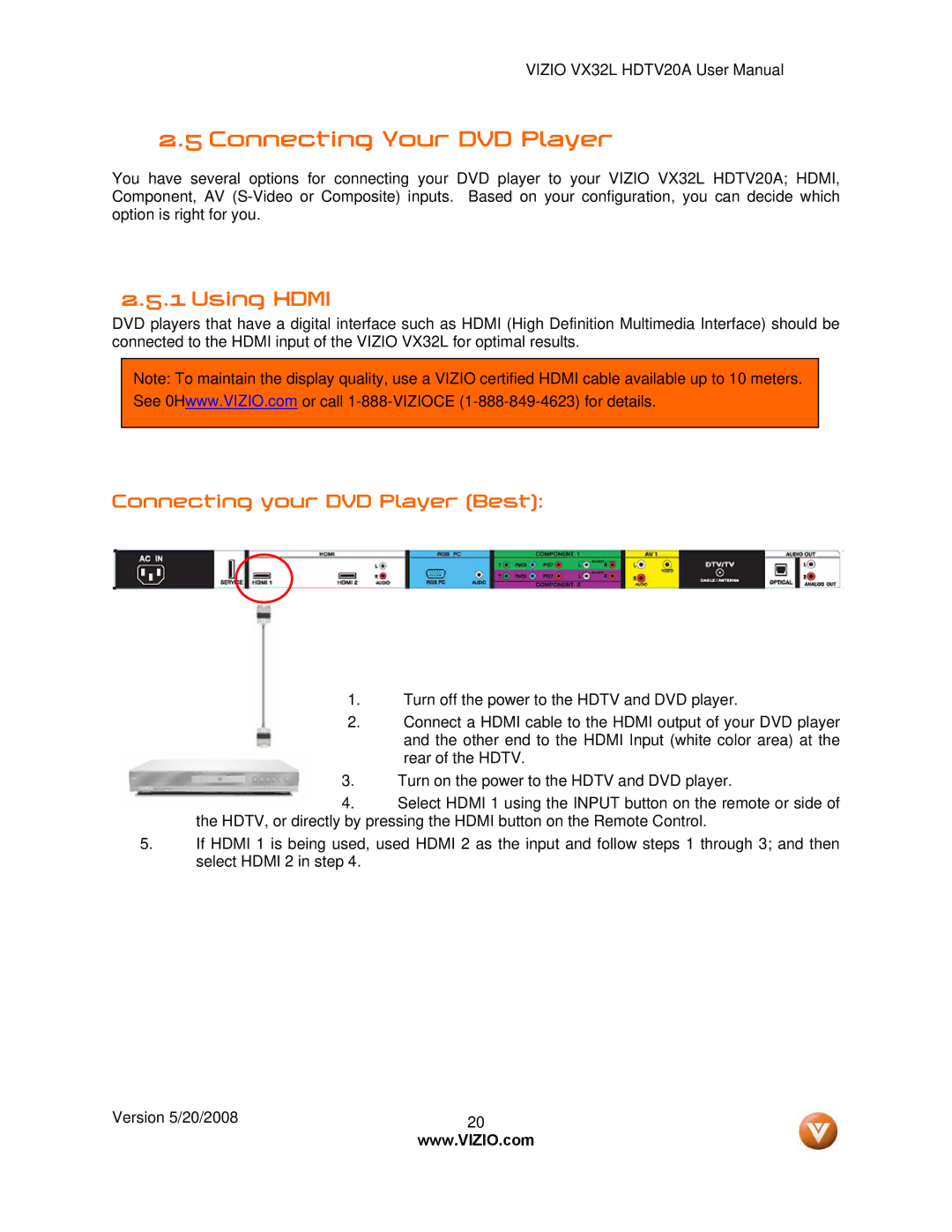 Vizio VIZIO, VX32L user manual Connecting Your DVD Player, Connecting your DVD Player Best 