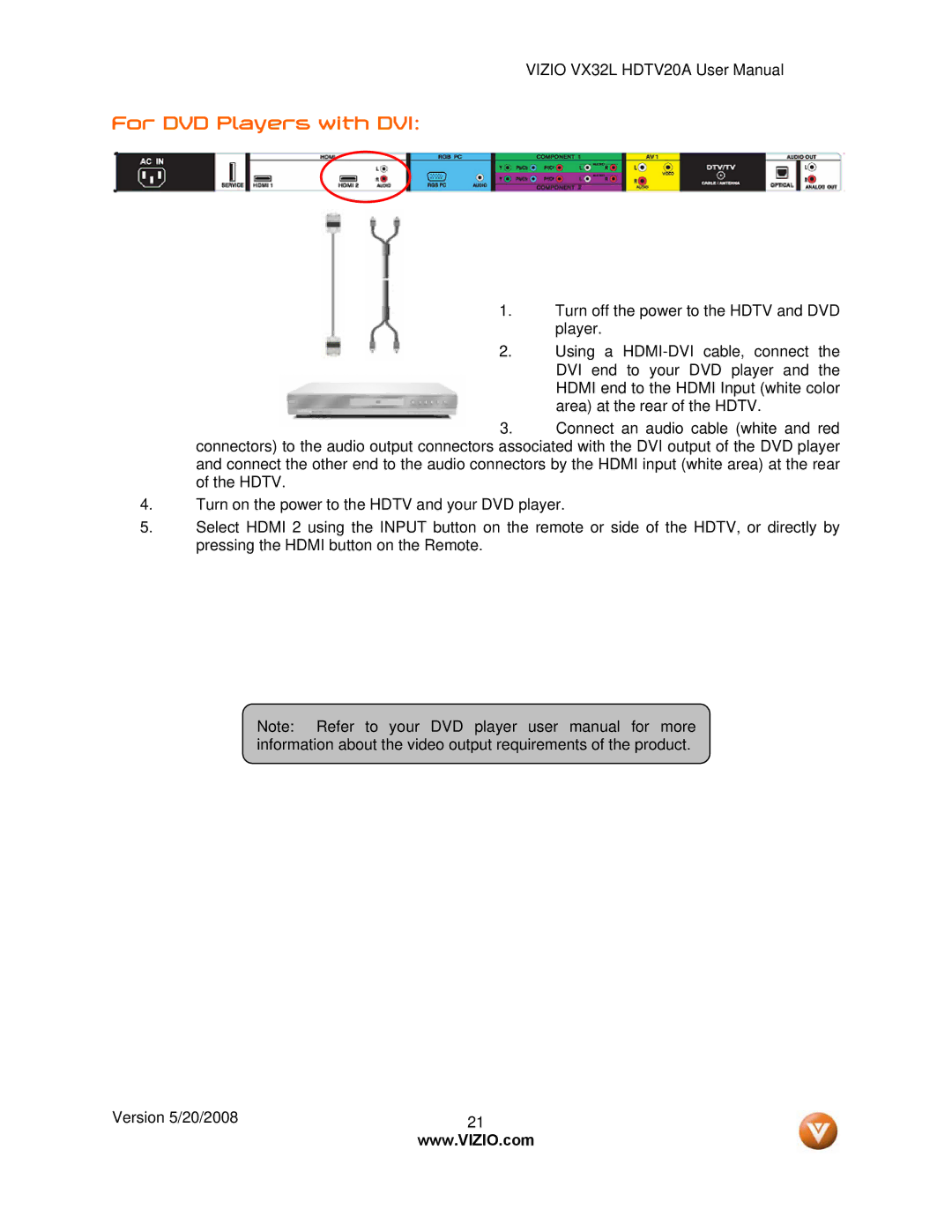 Vizio VX32L, VIZIO user manual For DVD Players with DVI 