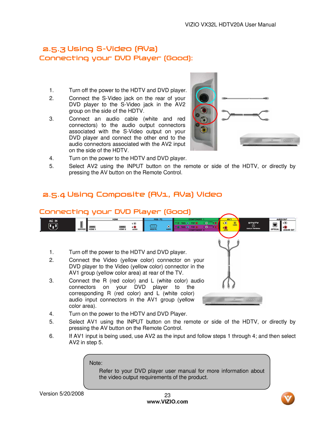 Vizio VX32L, VIZIO user manual Using S-Video AV2, Using Composite AV1, AV2 Video, Connecting your DVD Player Good 