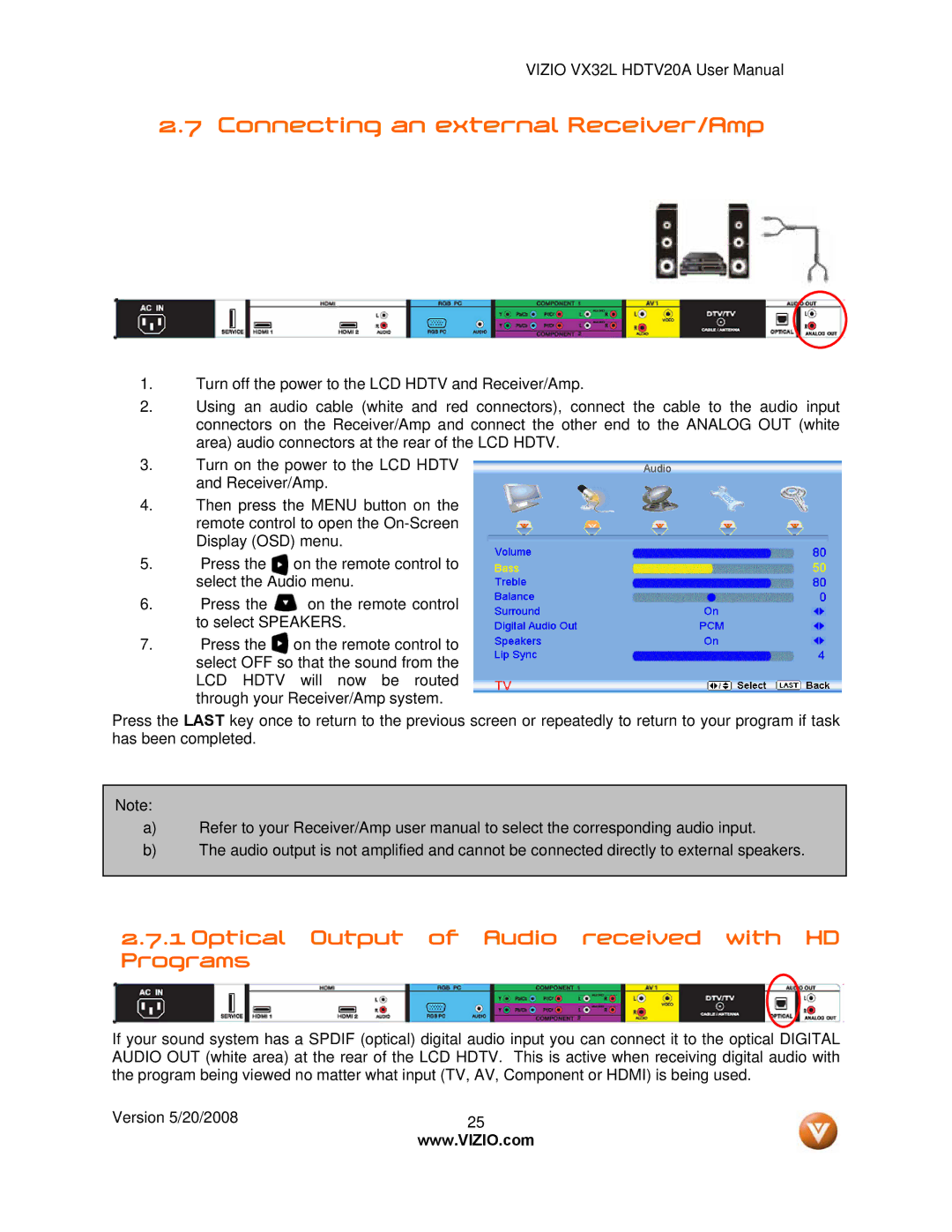 Vizio VX32L, VIZIO user manual Connecting an external Receiver/Amp, Optical Output of Audio received with HD Programs 