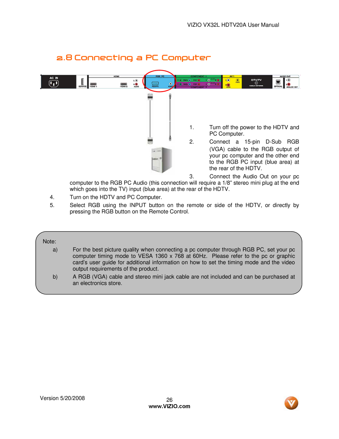 Vizio VIZIO, VX32L user manual Connecting a PC Computer 