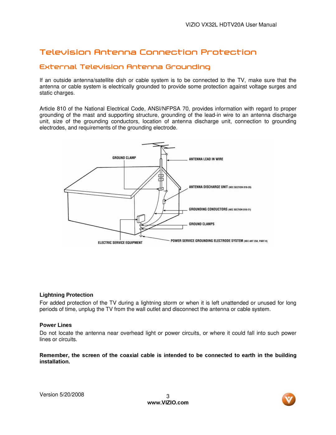 Vizio VX32L, VIZIO Television Antenna Connection Protection, External Television Antenna Grounding, Lightning Protection 