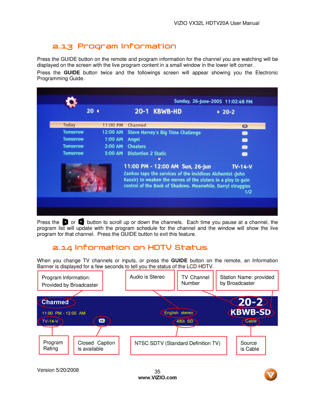 Vizio VX32L, VIZIO user manual Program Information, Information on Hdtv Status 