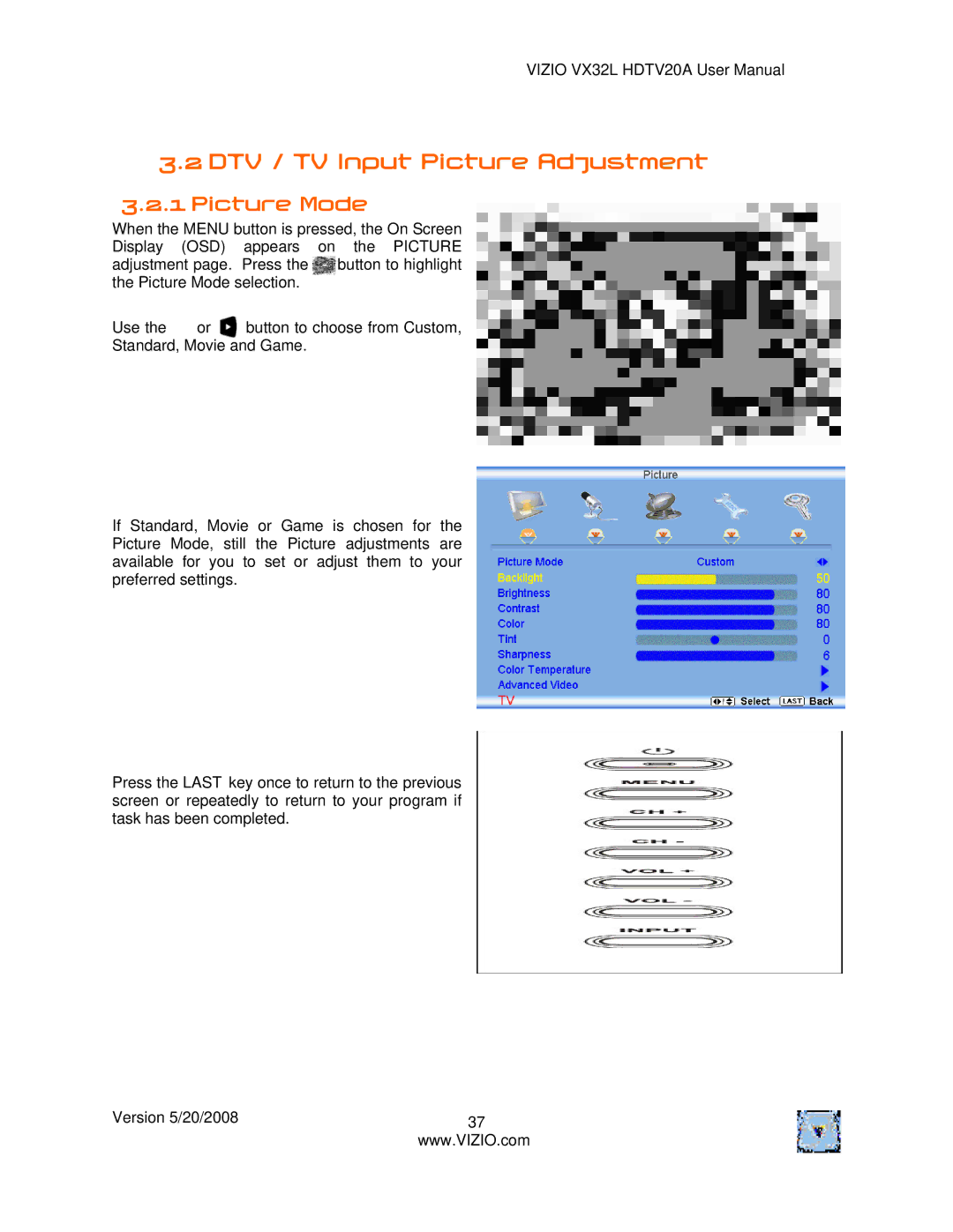 Vizio VX32L, VIZIO user manual DTV / TV Input Picture Adjustment, Picture Mode 