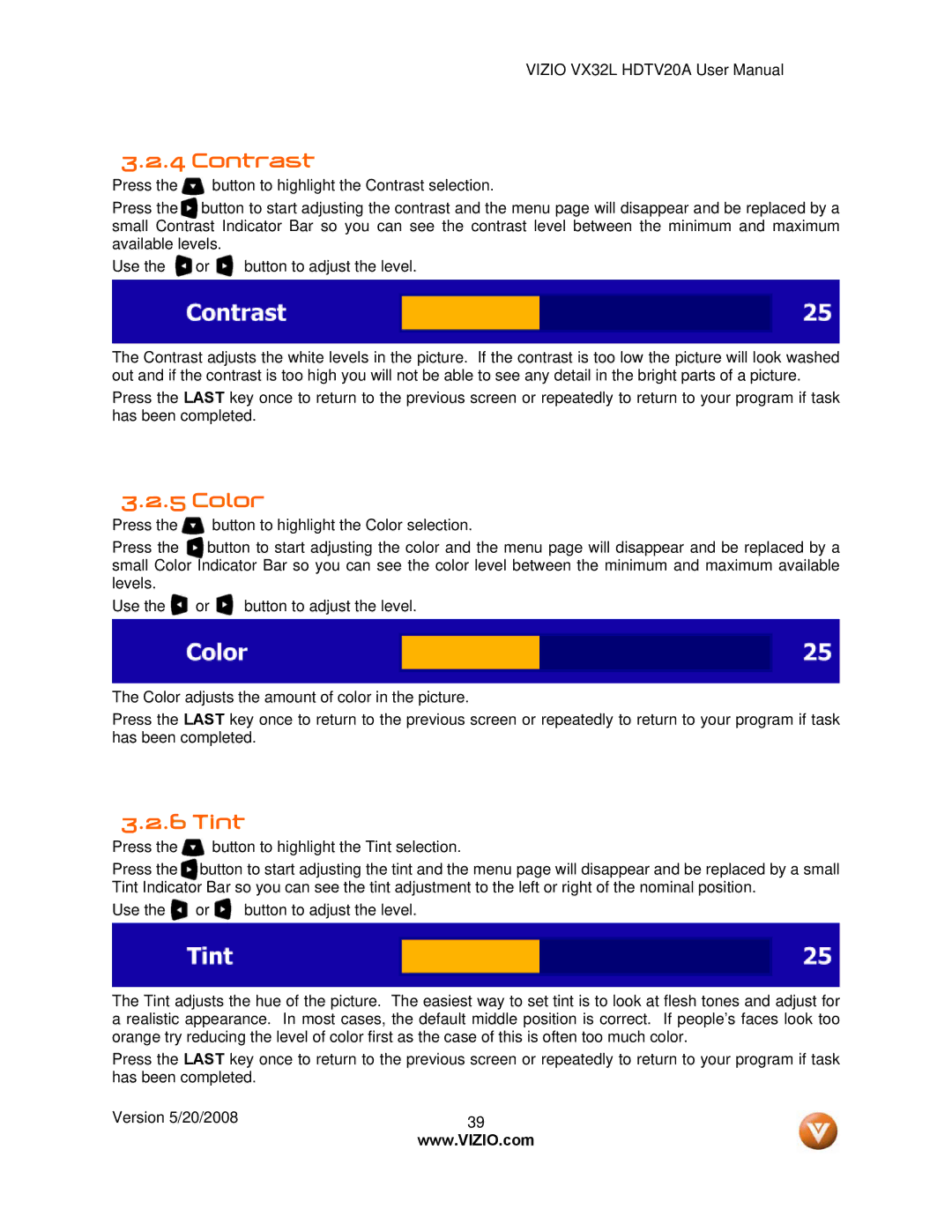 Vizio VX32L, VIZIO user manual Contrast, Color, Tint 