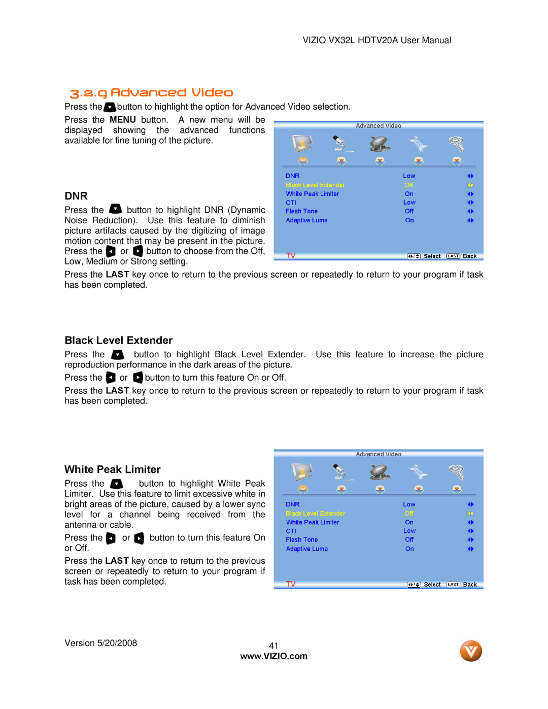 Vizio VX32L, VIZIO user manual Advanced Video, Dnr 
