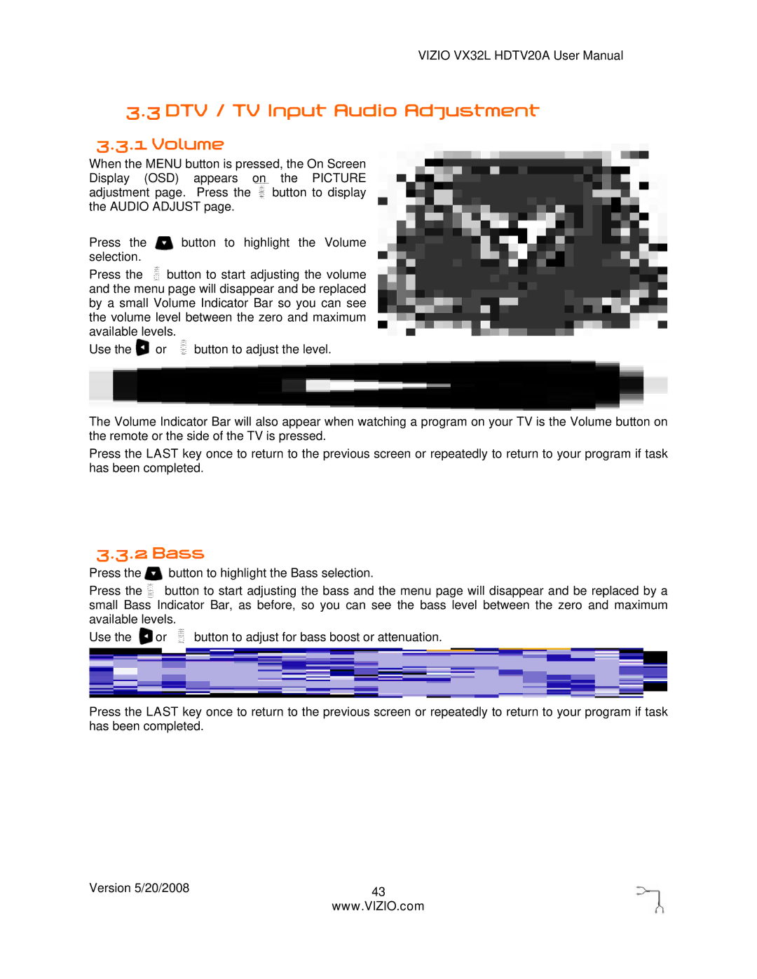 Vizio VX32L, VIZIO user manual DTV / TV Input Audio Adjustment, Volume, Bass 