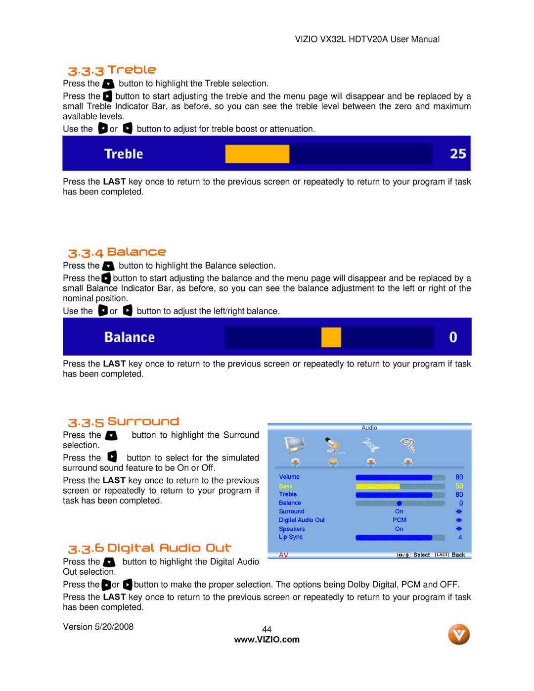 Vizio VIZIO, VX32L user manual Treble, Balance, Surround, Digital Audio Out 