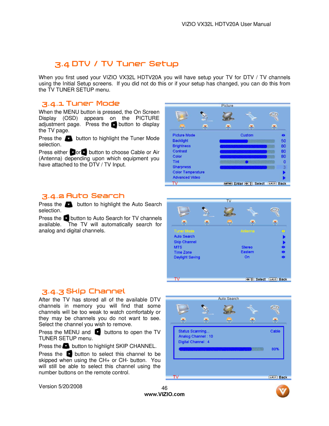 Vizio VIZIO, VX32L user manual DTV / TV Tuner Setup, Tuner Mode, Auto Search, Skip Channel 