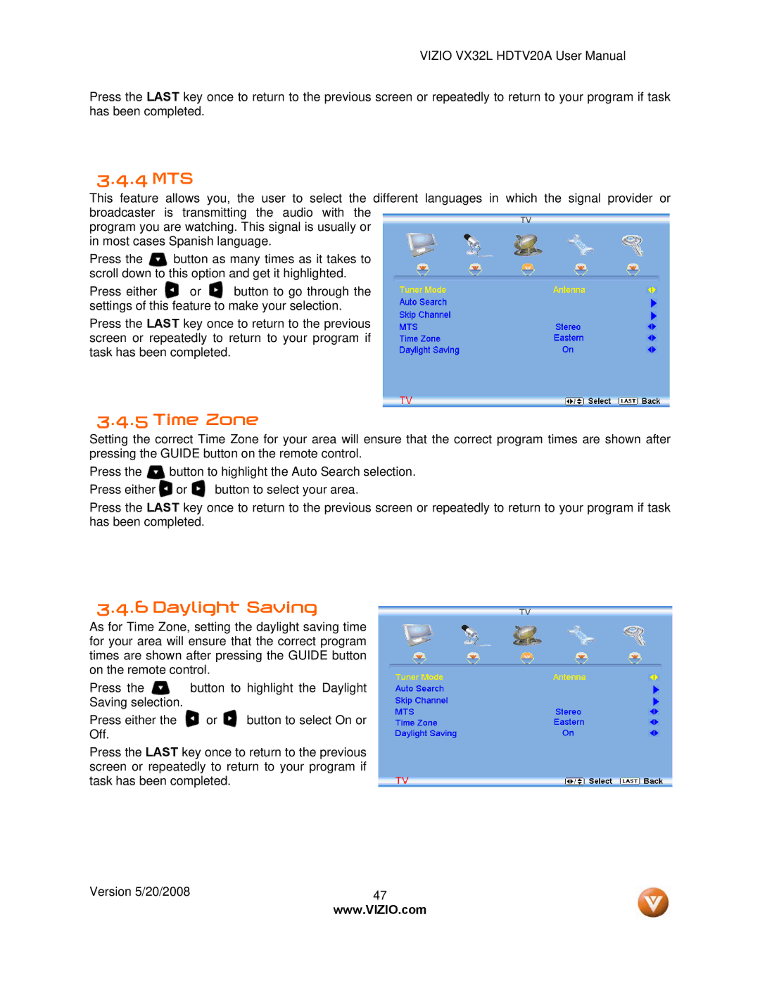 Vizio VX32L, VIZIO user manual 4 MTS, Time Zone, Daylight Saving 