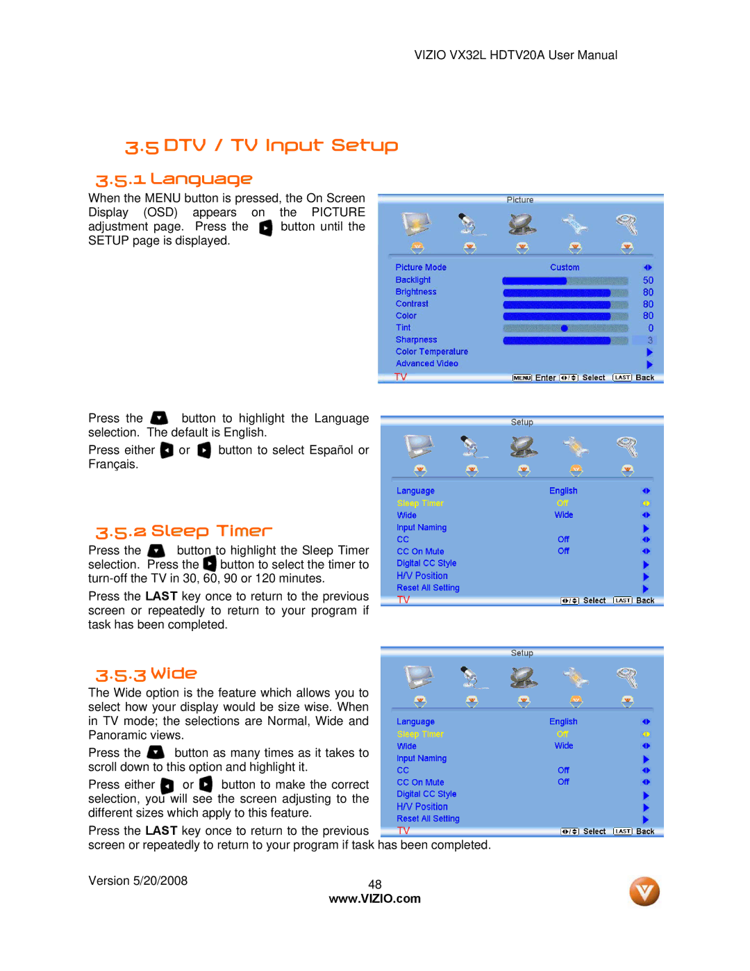 Vizio VIZIO, VX32L user manual DTV / TV Input Setup, Language, Sleep Timer, Wide 