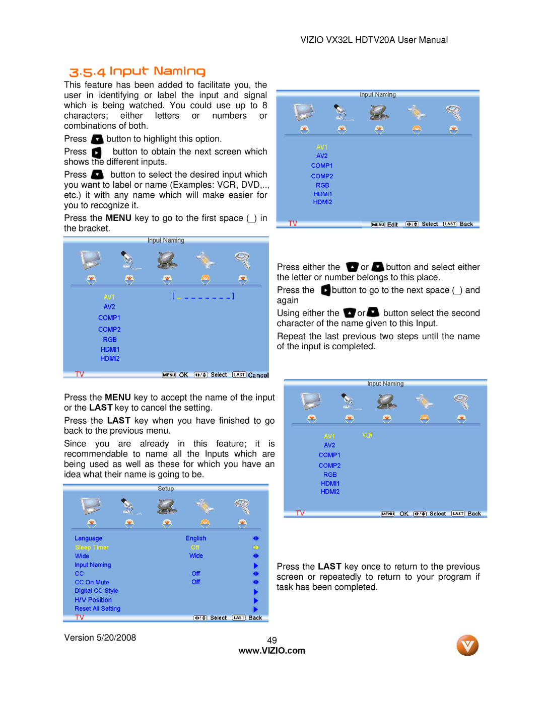 Vizio VX32L, VIZIO user manual Input Naming 