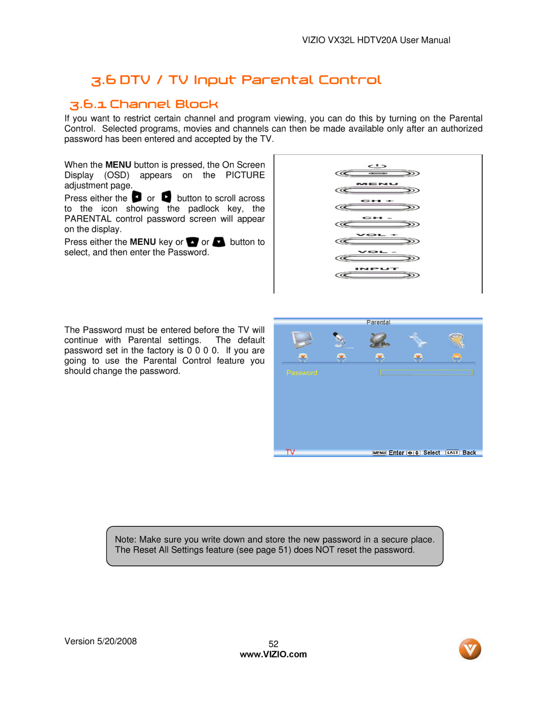 Vizio VIZIO, VX32L user manual DTV / TV Input Parental Control, Channel Block 