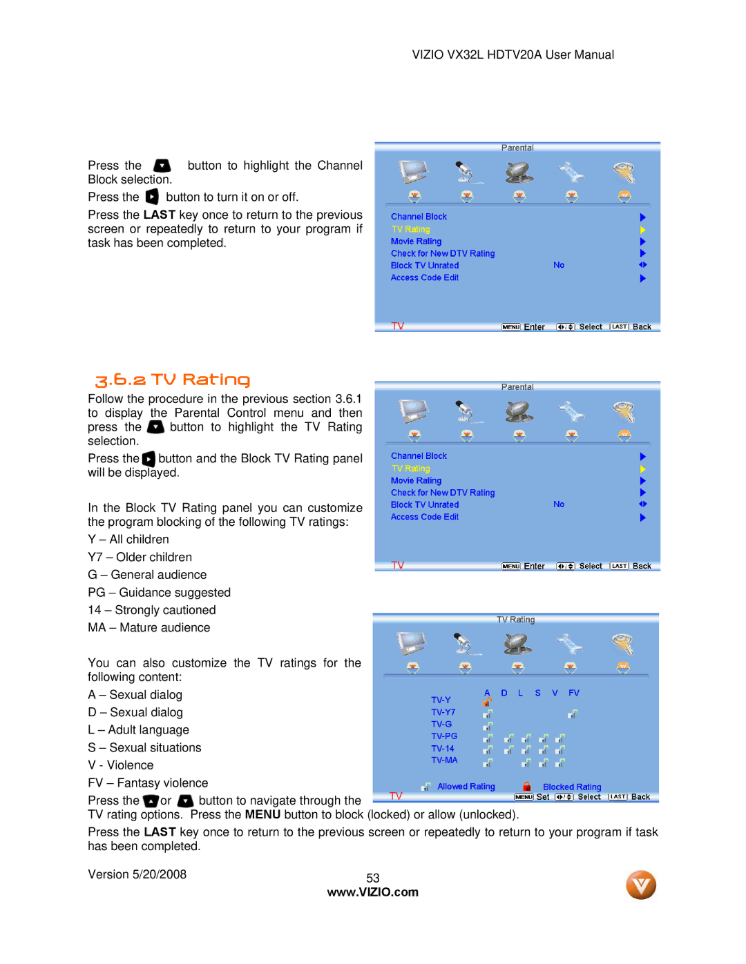 Vizio VX32L, VIZIO user manual TV Rating 