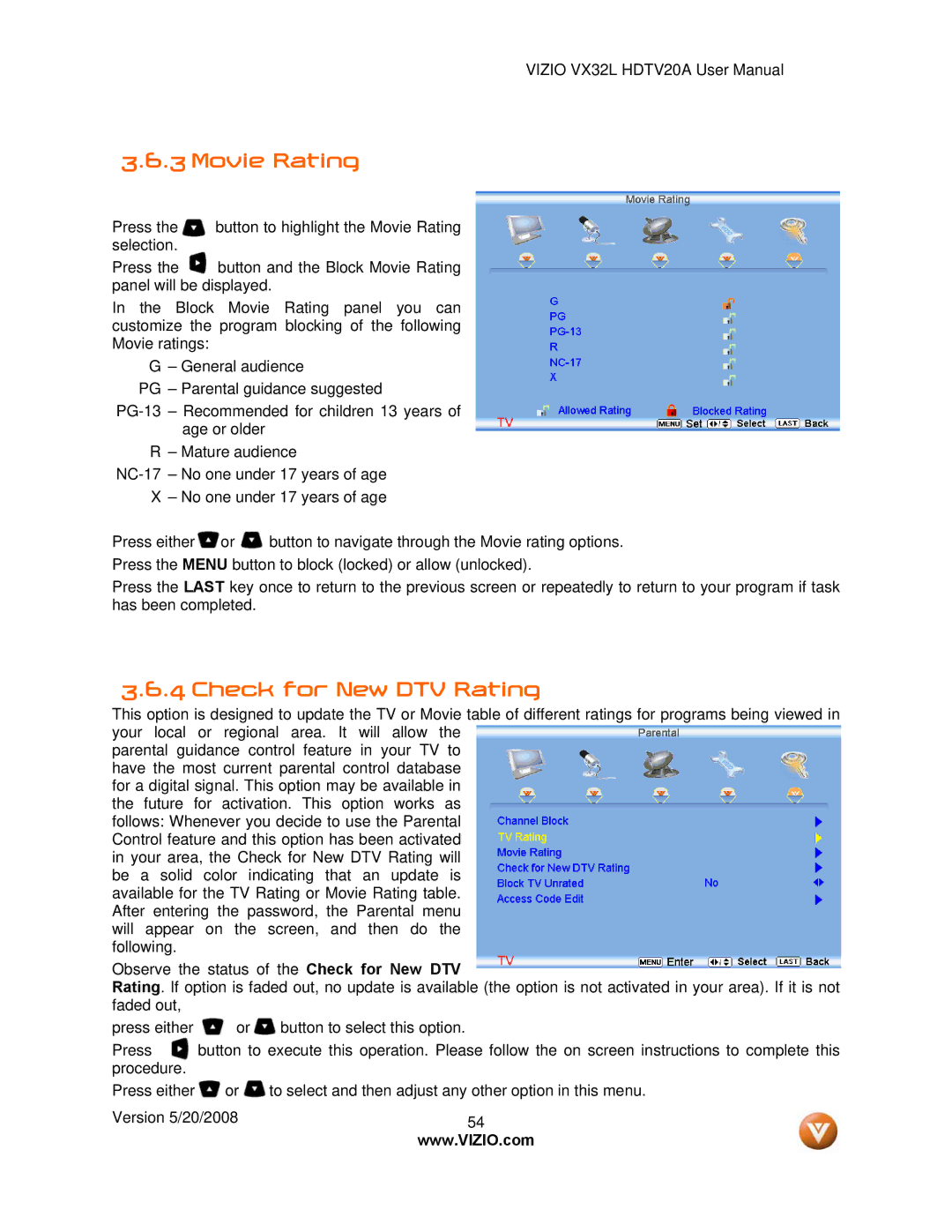 Vizio VIZIO, VX32L user manual Movie Rating, Check for New DTV Rating 