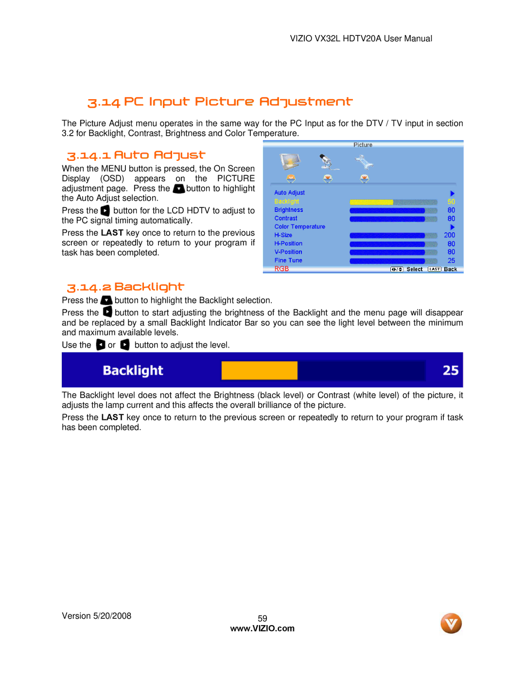 Vizio VX32L, VIZIO user manual PC Input Picture Adjustment, Auto Adjust 