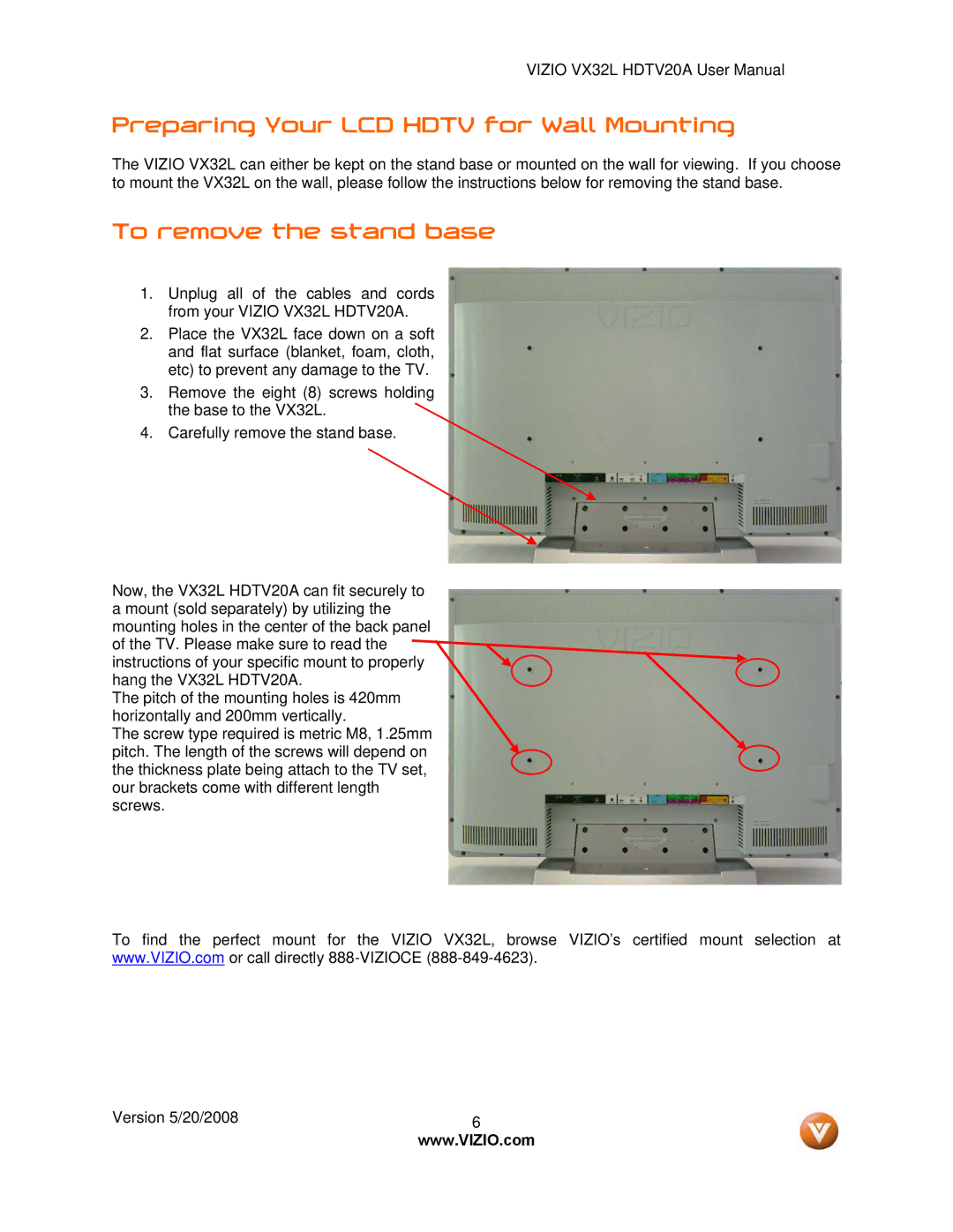 Vizio VIZIO, VX32L user manual Preparing Your LCD Hdtv for Wall Mounting, To remove the stand base 