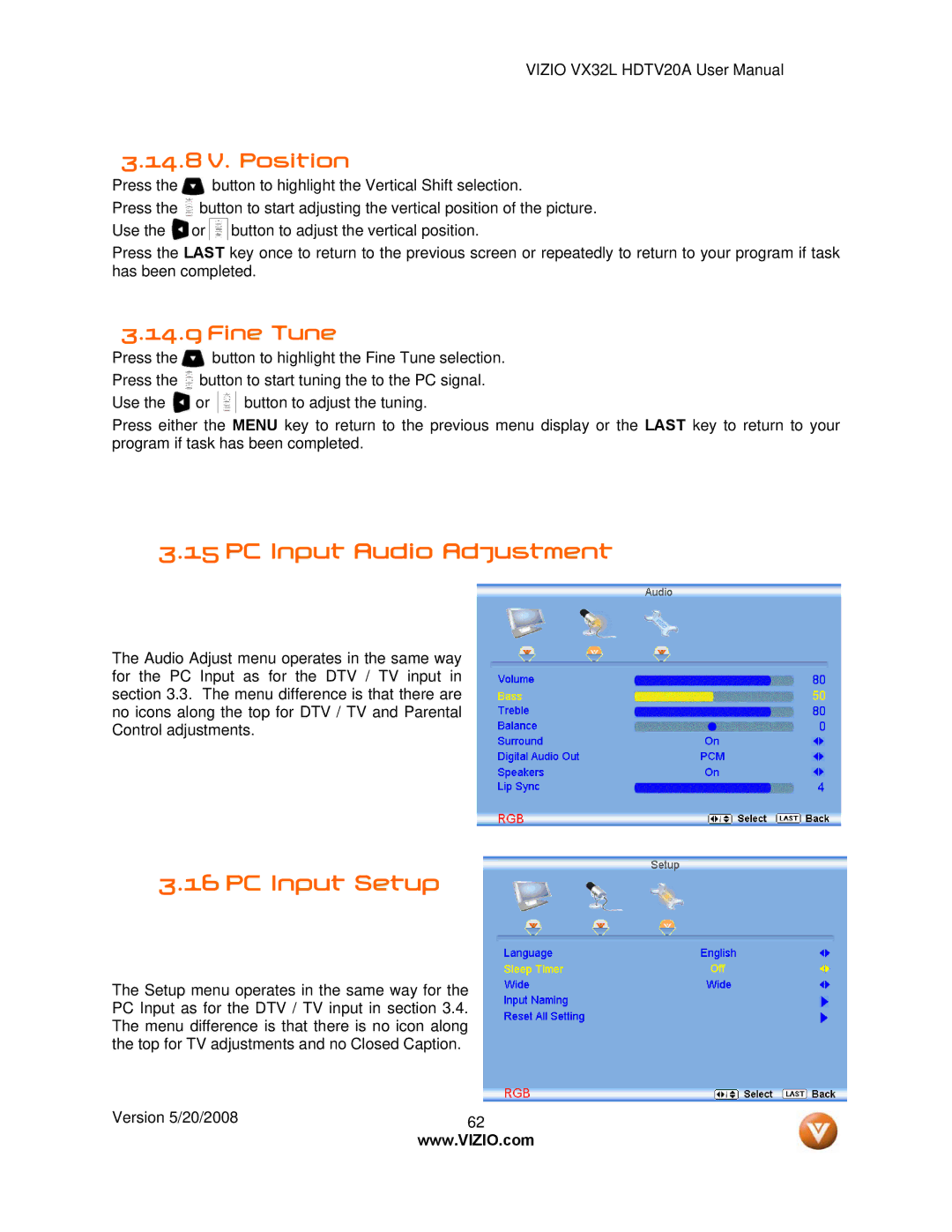 Vizio VIZIO, VX32L user manual PC Input Audio Adjustment, PC Input Setup, 14.8 V. Position, Fine Tune 