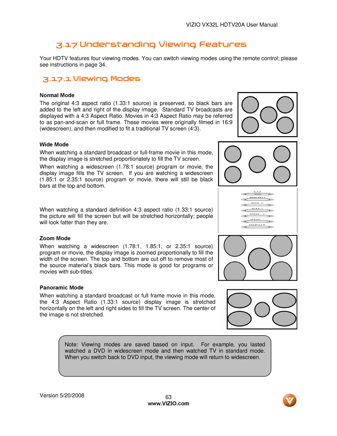 Vizio VX32L, VIZIO user manual Understanding Viewing Features, Viewing Modes 