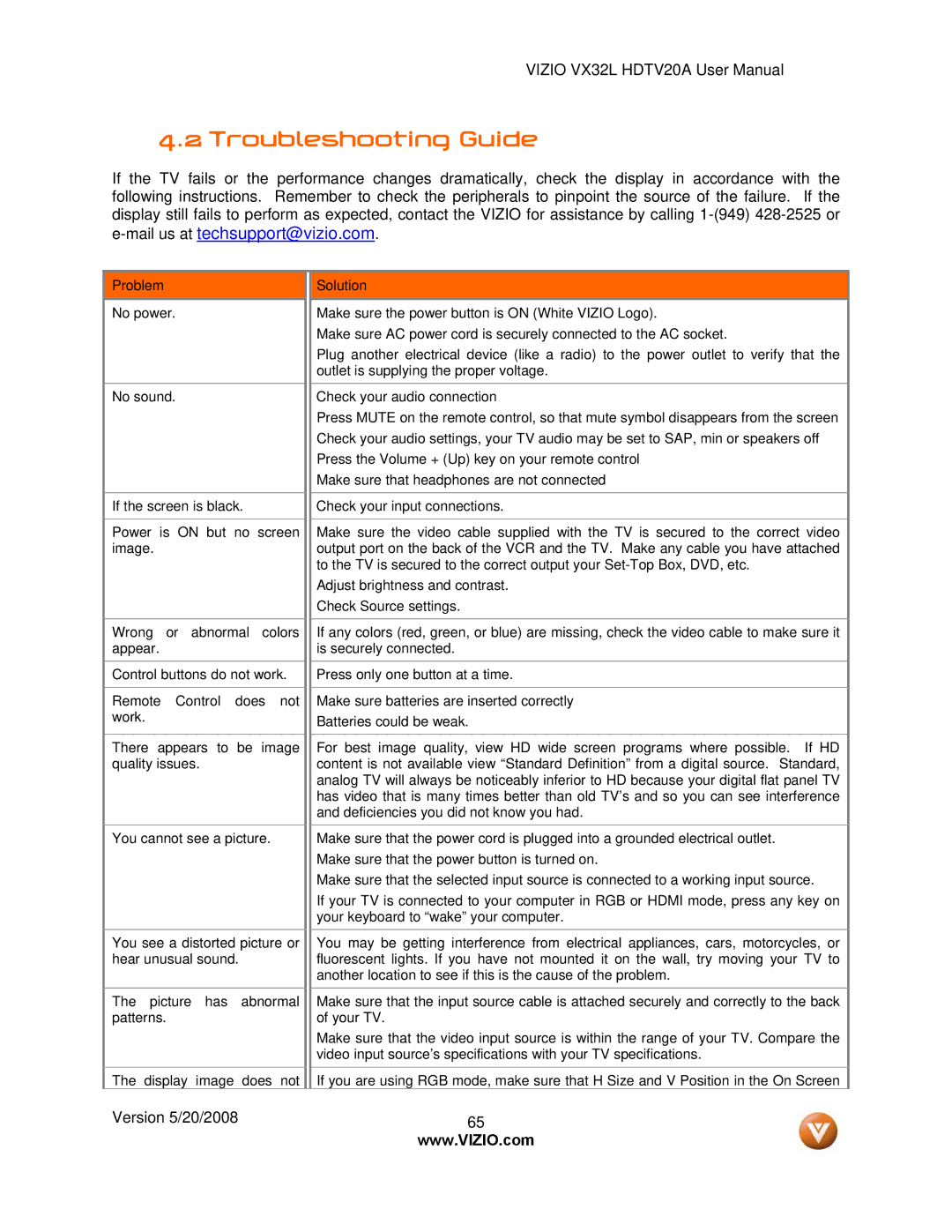 Vizio VX32L, VIZIO user manual Troubleshooting Guide, Mail us at techsupport@vizio.com 