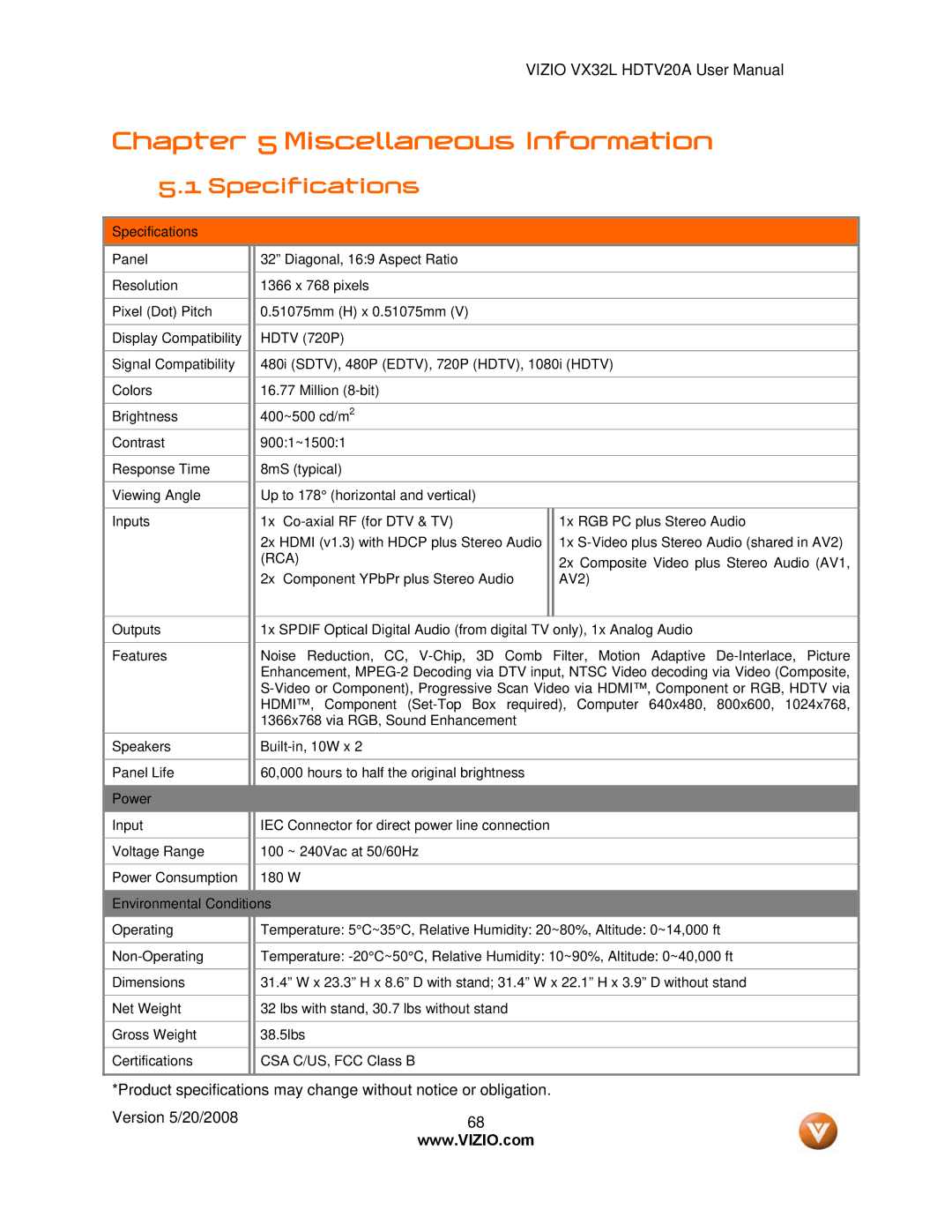 Vizio VIZIO, VX32L user manual Miscellaneous Information, Specifications 