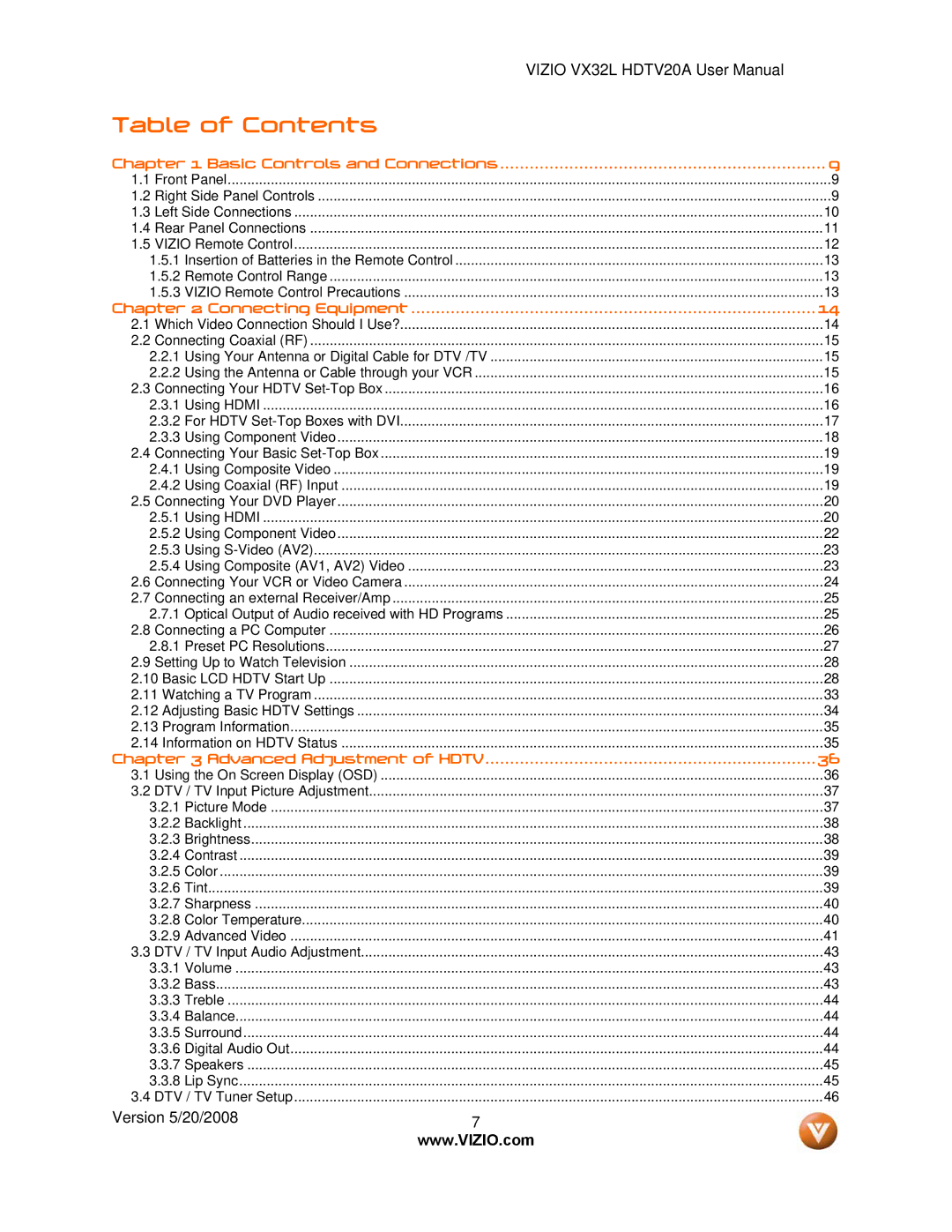 Vizio VX32L, VIZIO user manual Table of Contents 