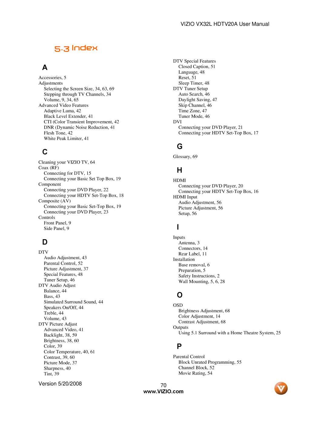 Vizio VIZIO, VX32L user manual Index, Dtv 