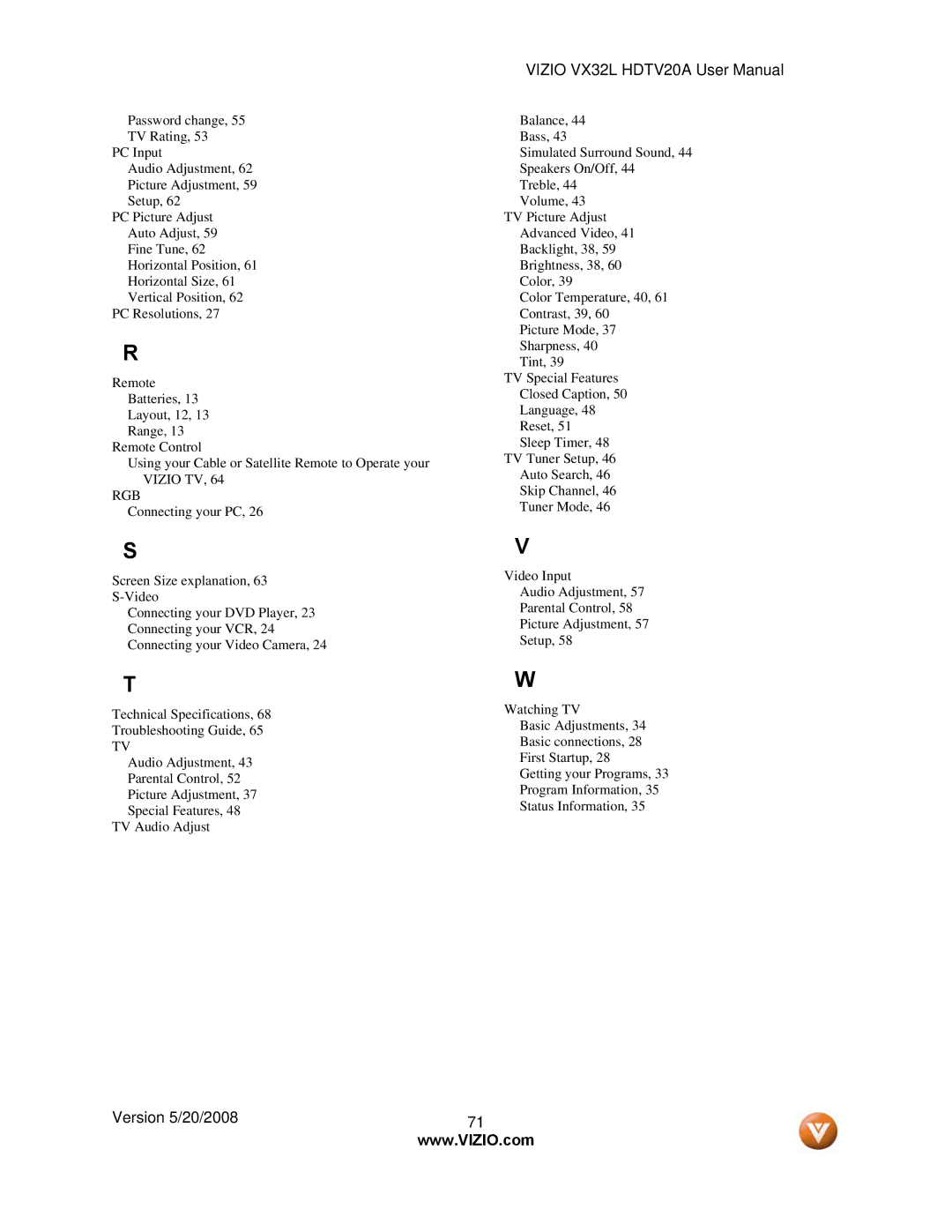 Vizio VX32L, VIZIO user manual Vizio TV RGB 