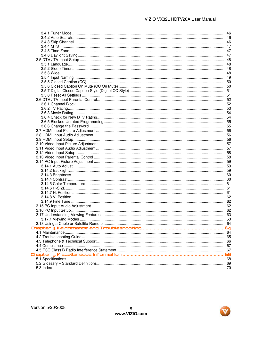 Vizio VIZIO, VX32L user manual Miscellaneous Information 